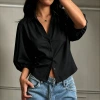 2026 Cross-border European and American women's clothing Amazon Autumn New petal-shaped sleeve lapel single-breasted V-neck short shirt Application Scenario